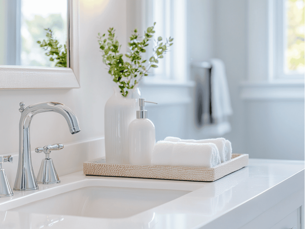 A white bathroom vanity with a vase and washcloth