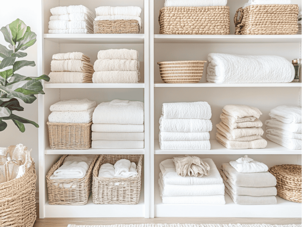 A linen closet with baskets and shelves containing towels and sheets