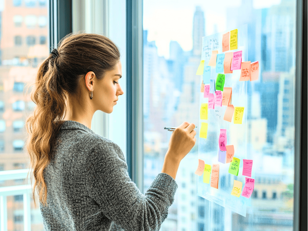 A woman writing on post it notes