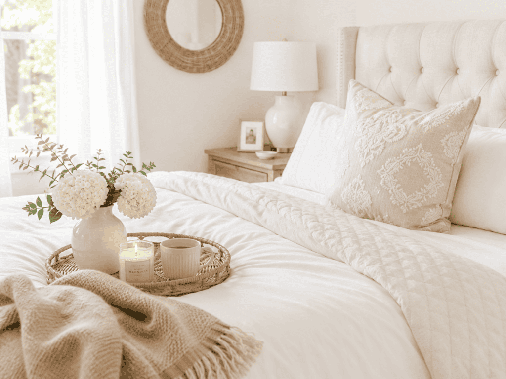 A neutral colored bedroom with flowers and a candle.