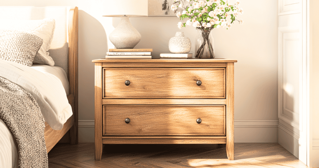 Brown nightstand with two drawers and a lamp and plant on top