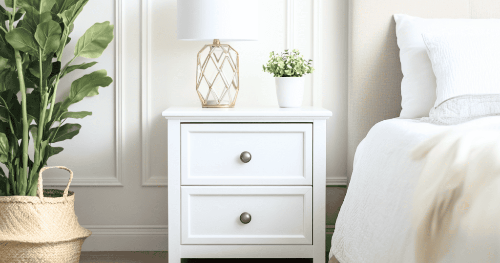 White nightstand with a lamp and small plant