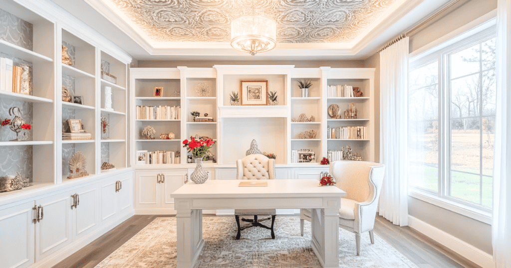 Large white office with chandelier overhead