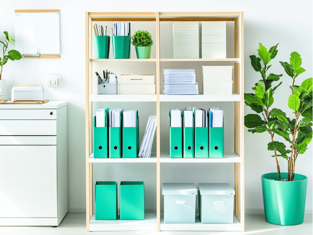 Files and boxes on a shelf in a home office