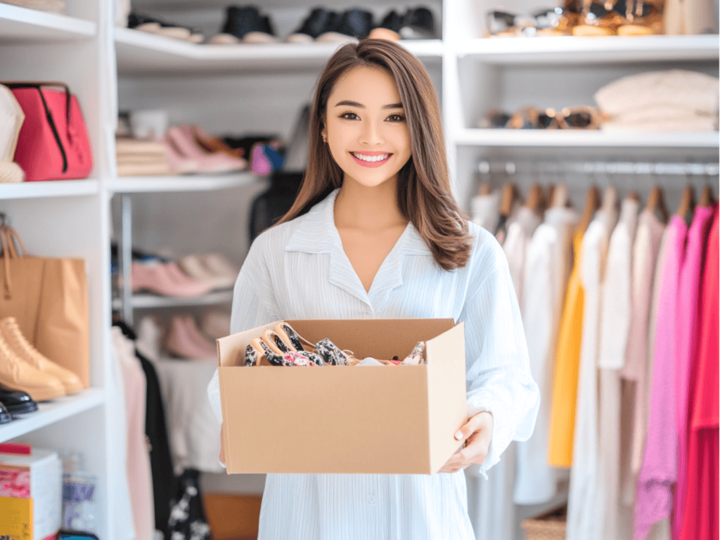 A girl standing in her closet holding a box of shoes