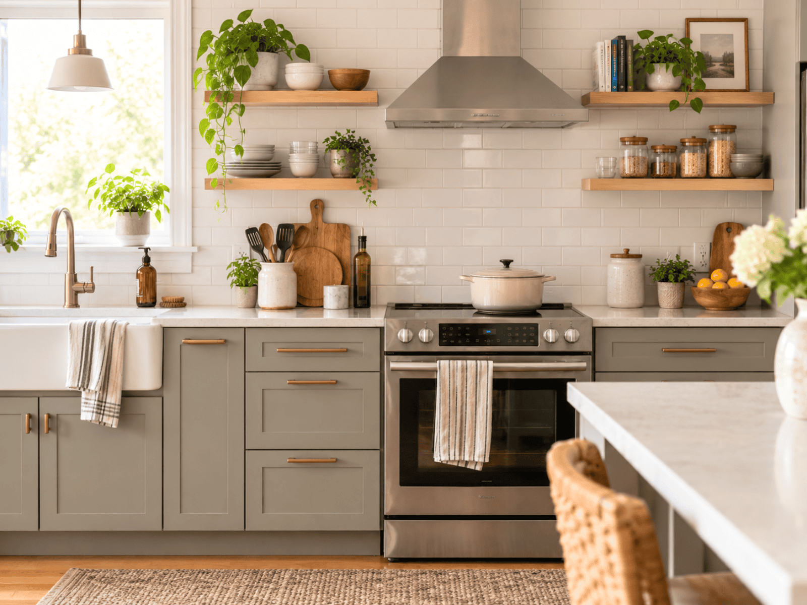Kitchen with open shelves crowded with dishes, jars, books, plants, and décor, creating visual clutter.