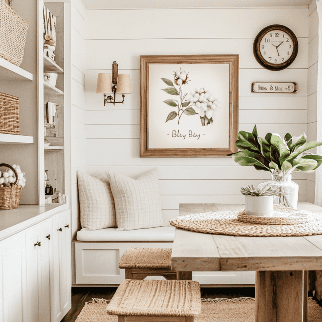 Table with a bench and bookshelf beside it