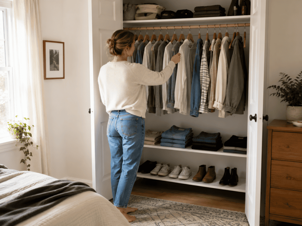 Woman choosing clothes from an organized bedroom closet with everyday clothing grouped neatly by type.