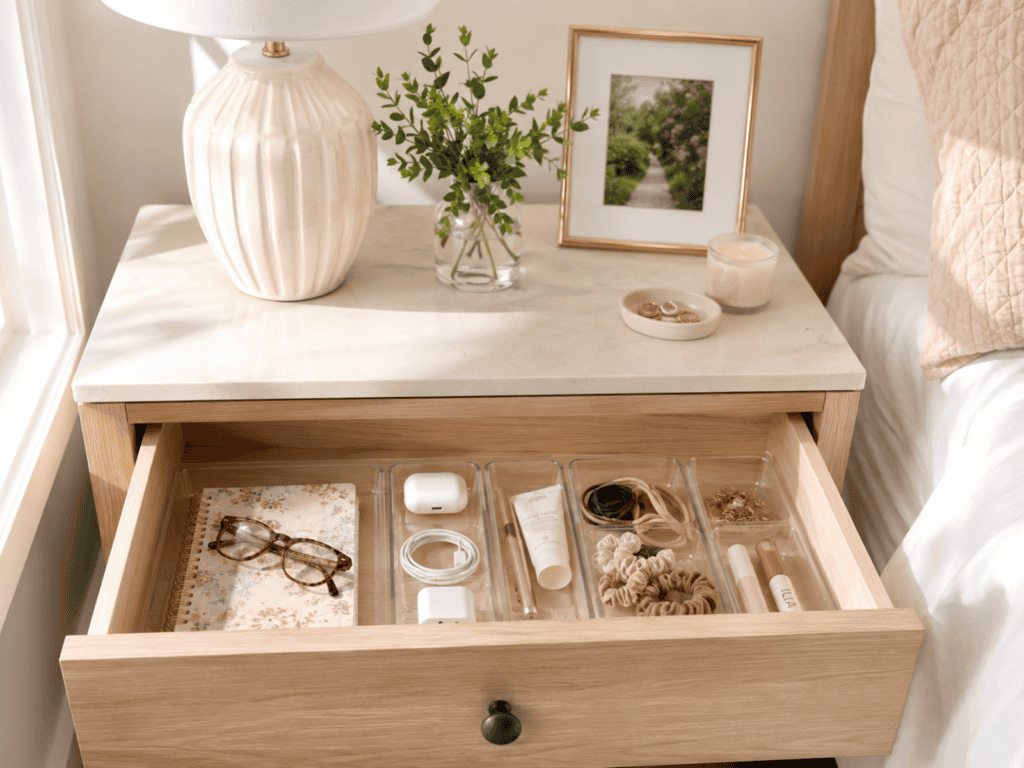 Organized bedroom nightstand with an open drawer holding a eye glasses, hand cream, charging cords, earbuds, jewelry, and other bedside essentials.