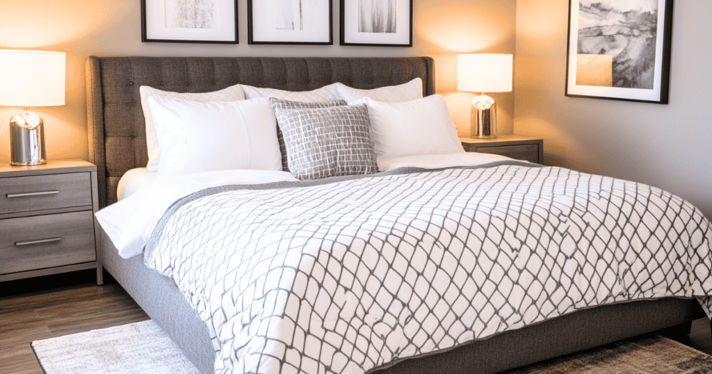 Brown headboard and brown and white comforter in an extemely neat and organized bedroom