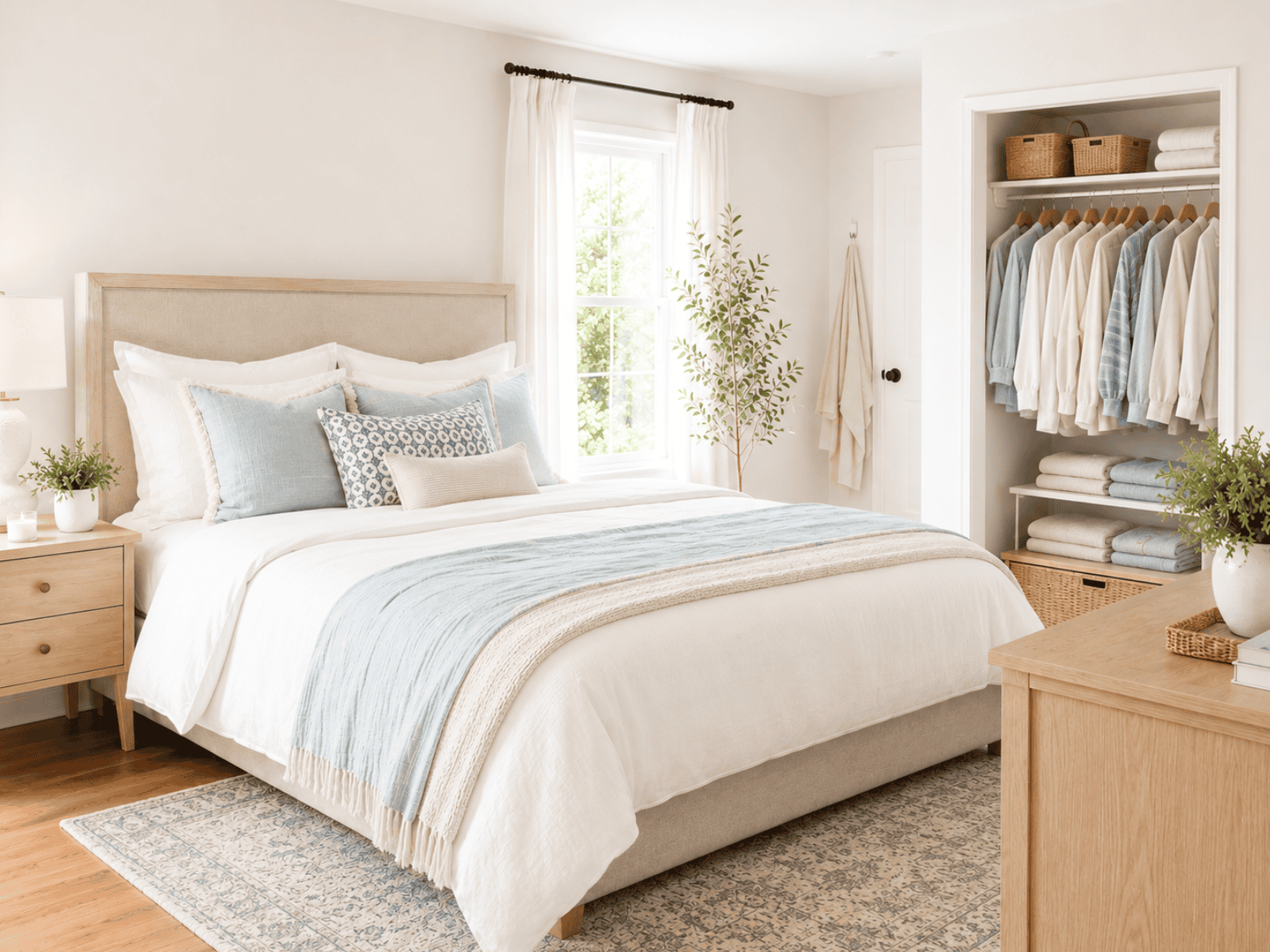 Bright, clean, organized bedroom with a neatly made bed, tidy nightstand, uncluttered surfaces, and calm neutral decor.