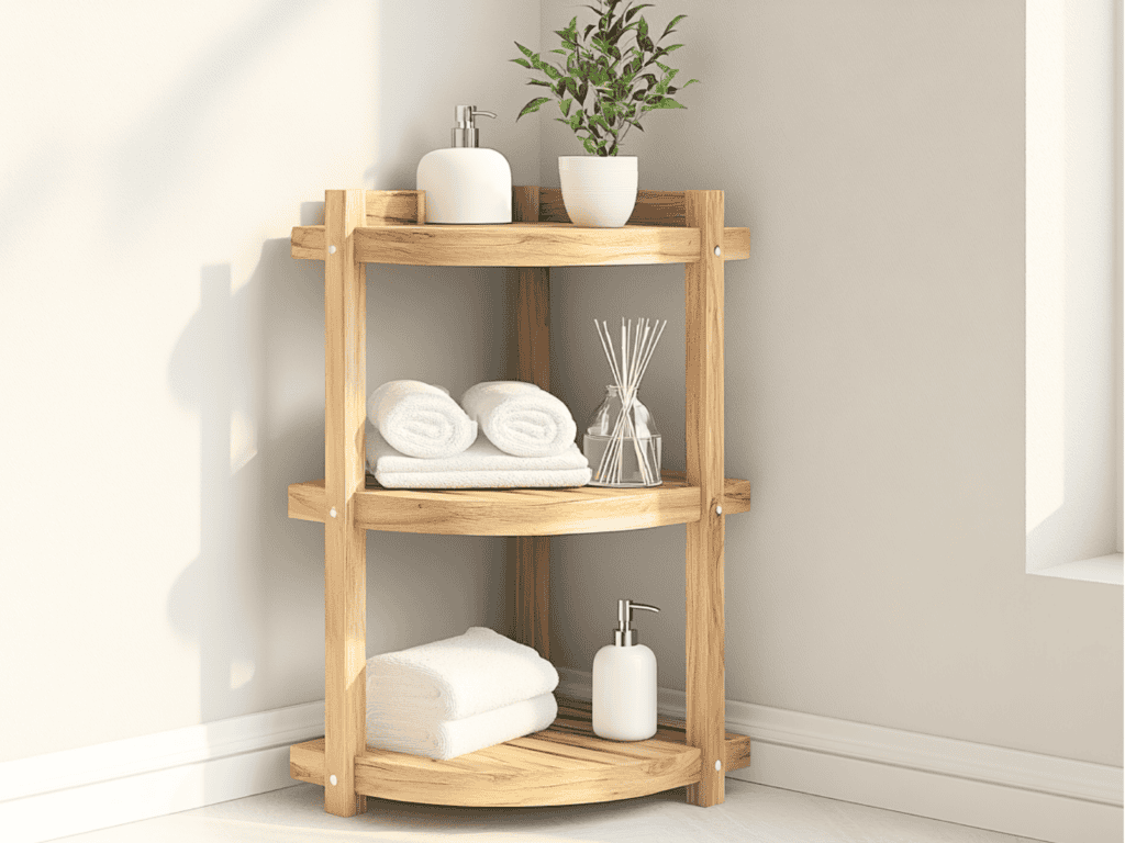 Corner shelf in a bathroom with towels and plants on it