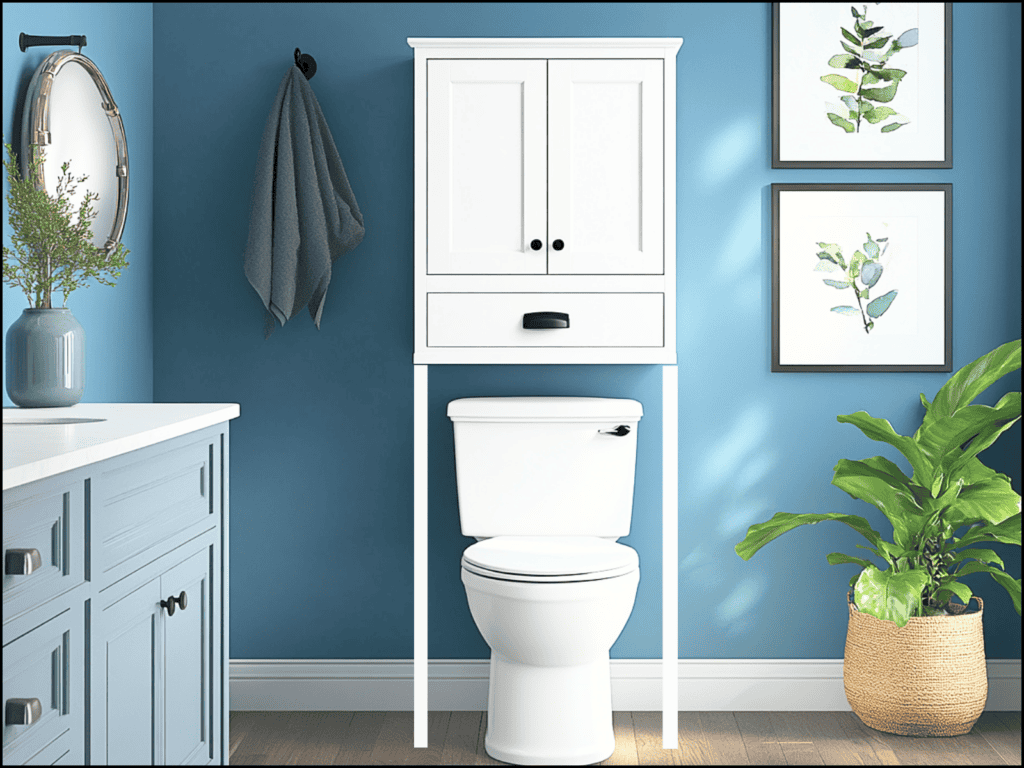 White shelving unit over a toilet in a blue bathroom