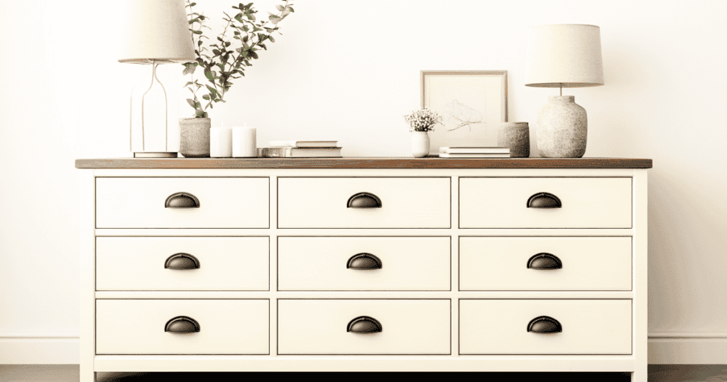 Cream colored dresser with brown handles and several decorative items on top