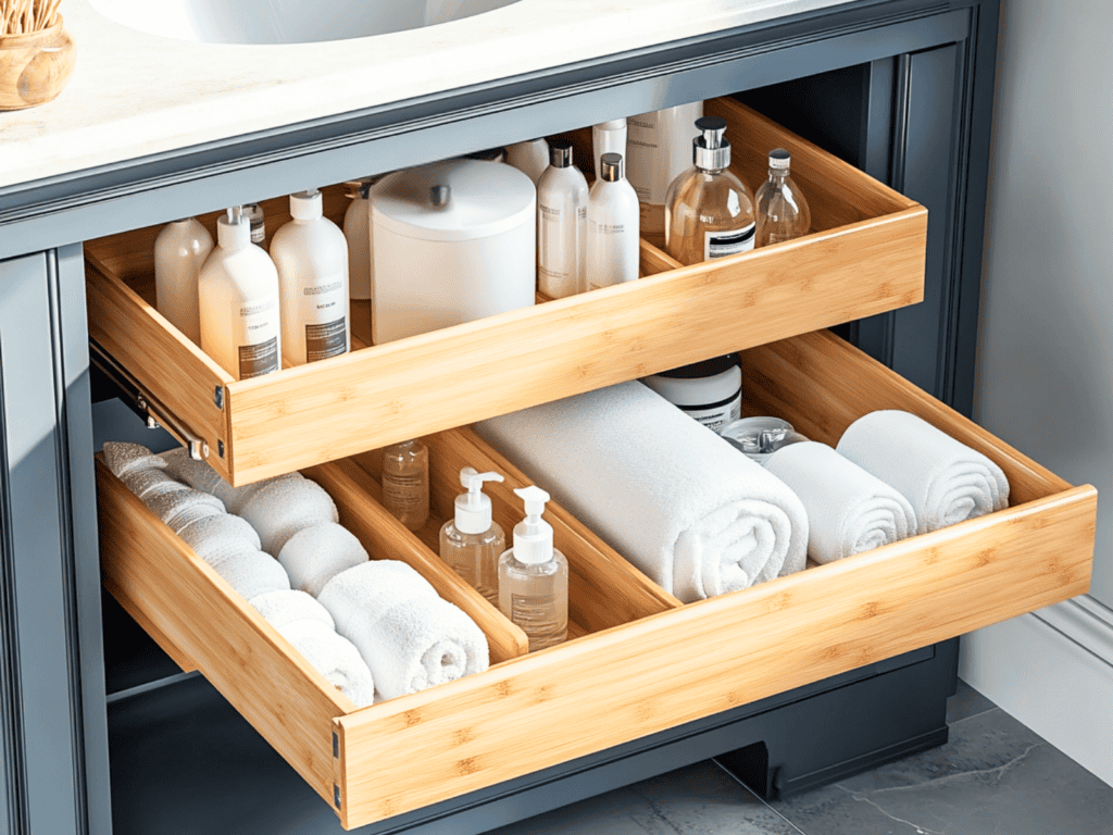 Two wooden pull out shelves under a bathroom sink