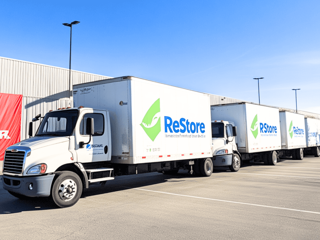 ReStore trucks lined up in a parking lot