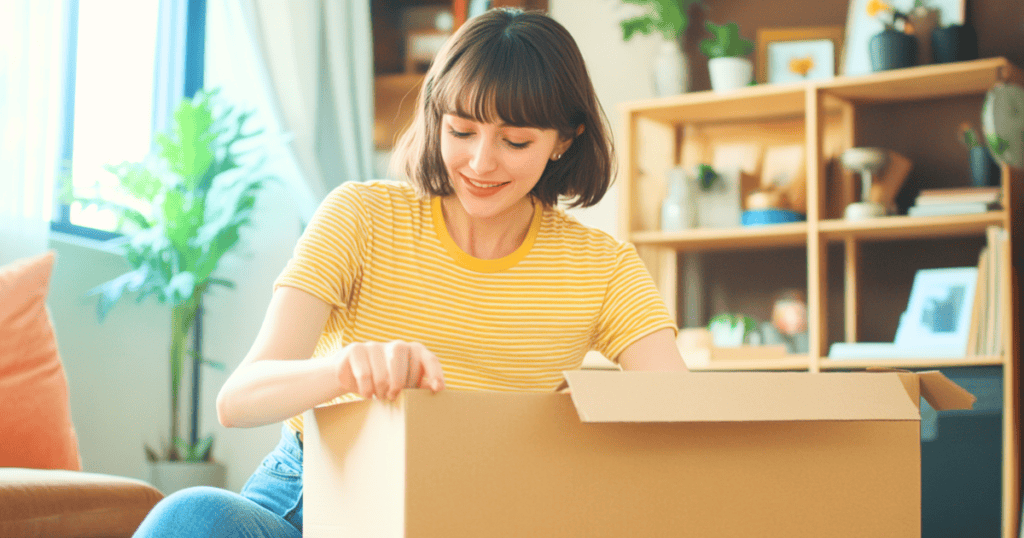 Woman wearing a yellow shirt packing clothes into a box