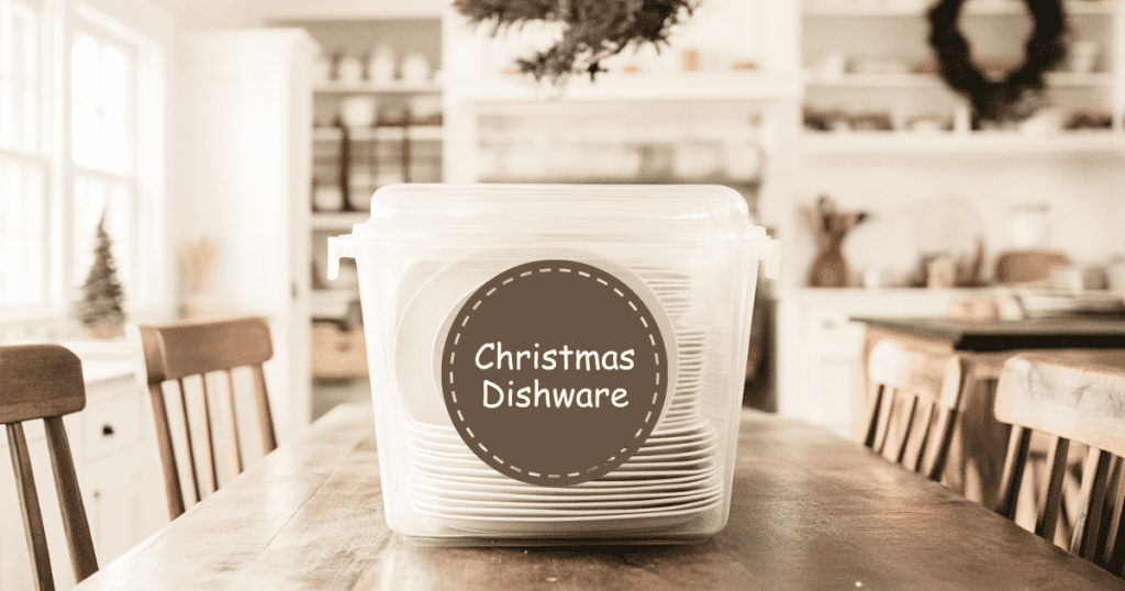 White dishes in a clear tote on a dining room table