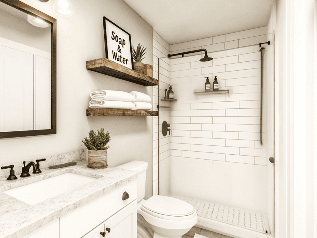 Wooden shelves over a toilet in a small bathroom