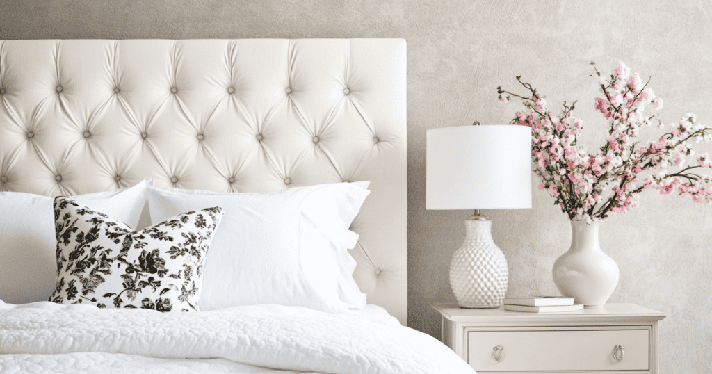 White headboard with a nightstand that has a lamp and pink flowers in a vase