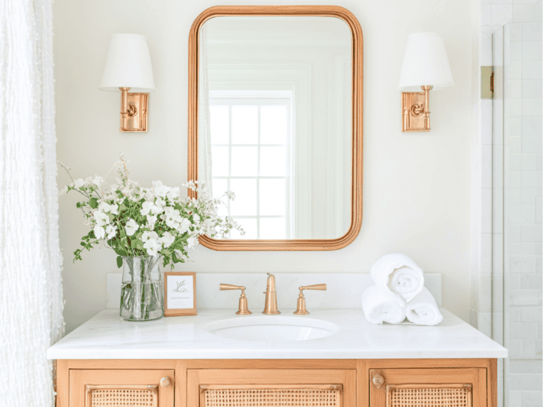 A small bathroom vanity and mirror with lights