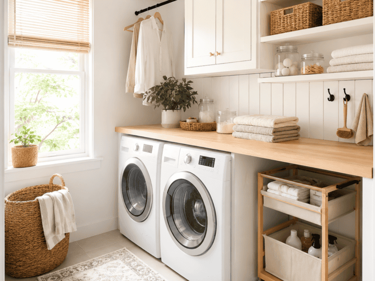 Bright small laundry room with front-loading washer and dryer, wood countertop, open shelving, woven baskets, hanging clothes, rolling cart, and neatly folded towels.