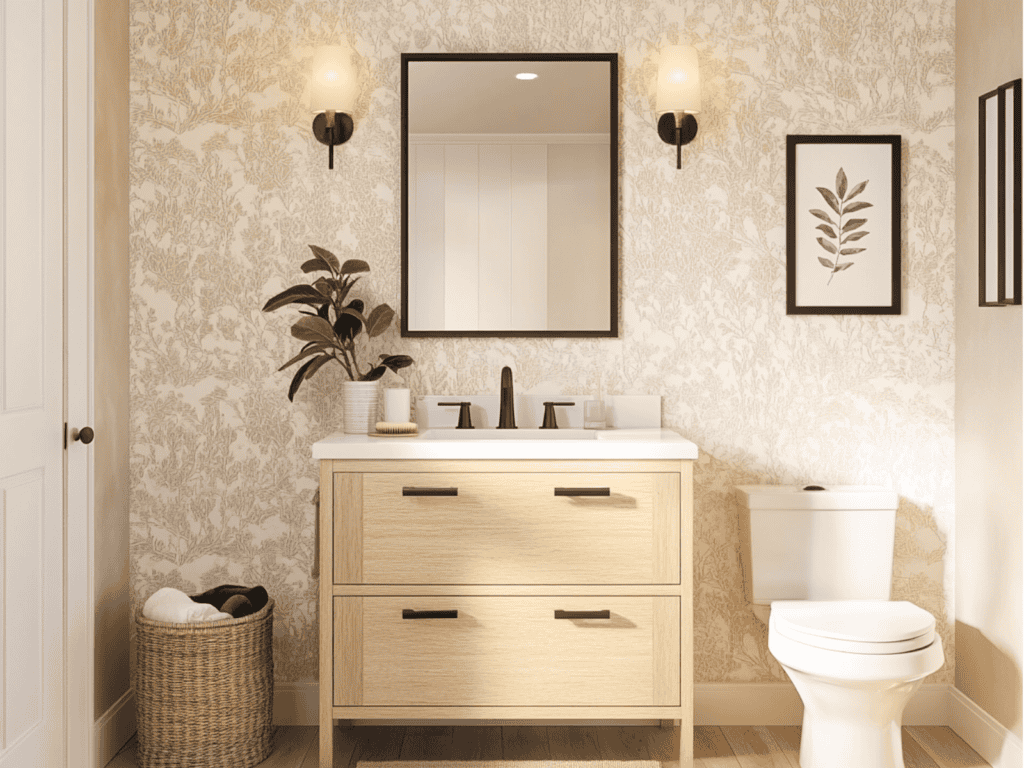 Small bathroom vanity with mirror and baskets on the side