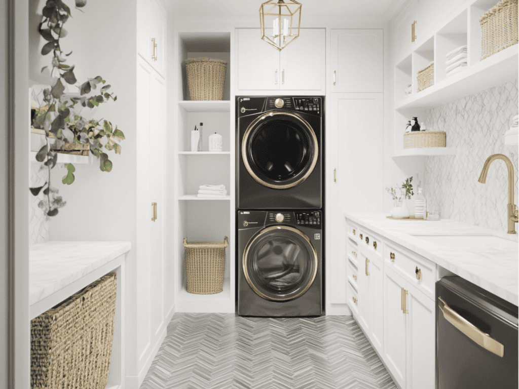 A black stacked washer and dryer in a small laundry room