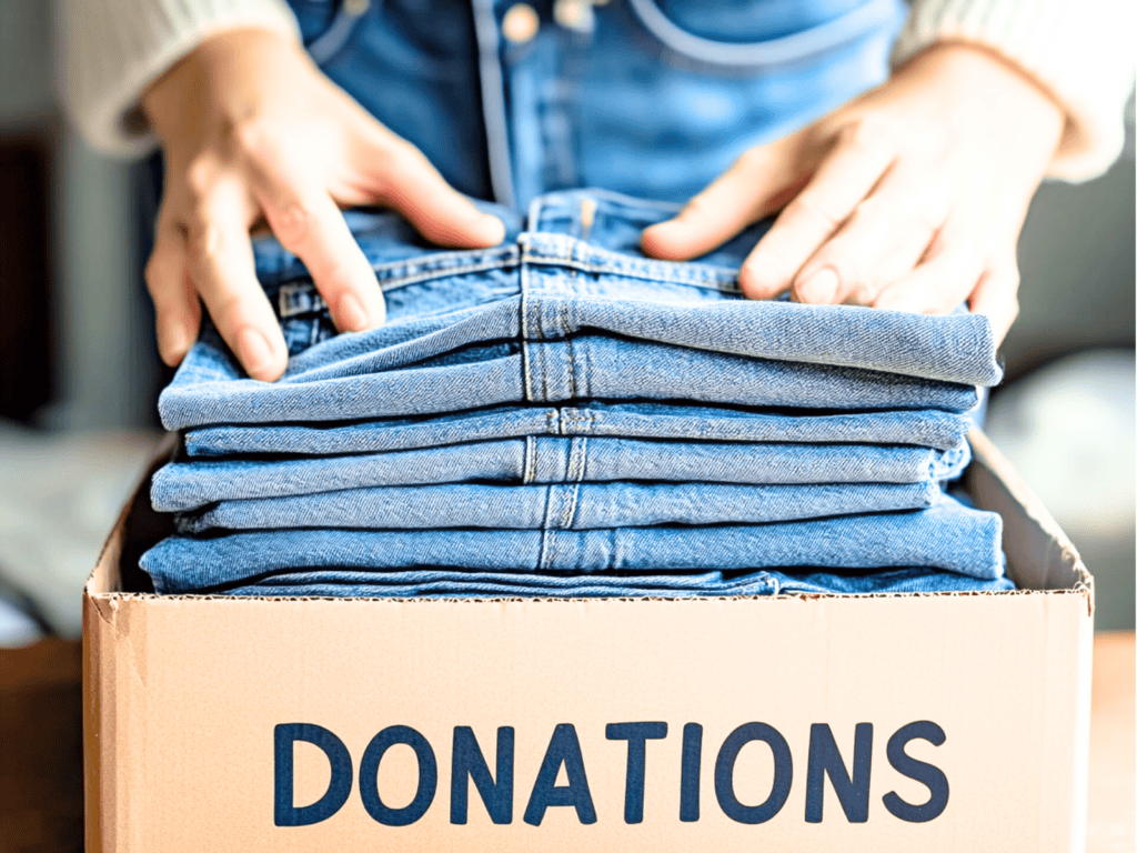 Folded blue jeans in a box labeled "donations."