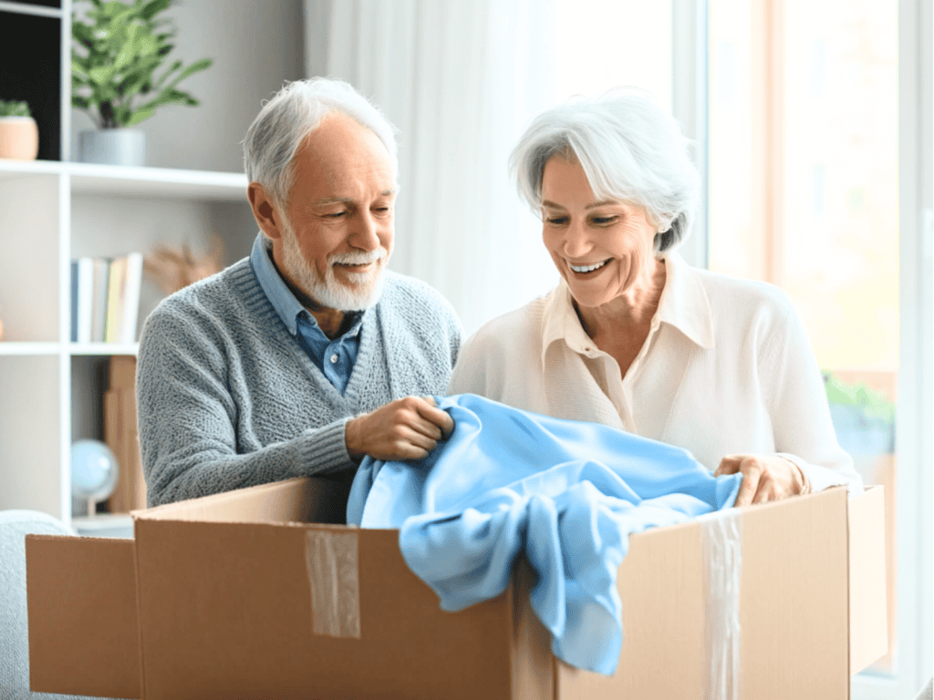 An older couple looking at a blue blanket in a box