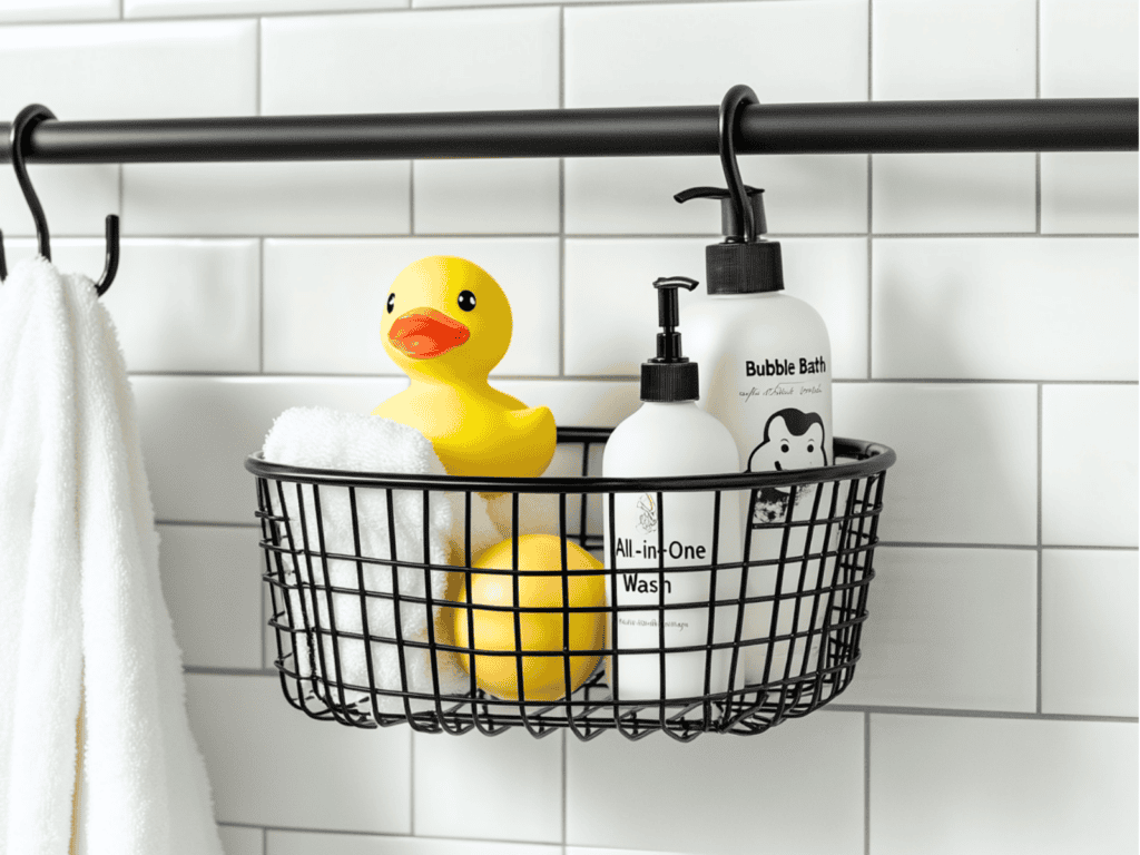 Basket hanging from a tension rod in a shower