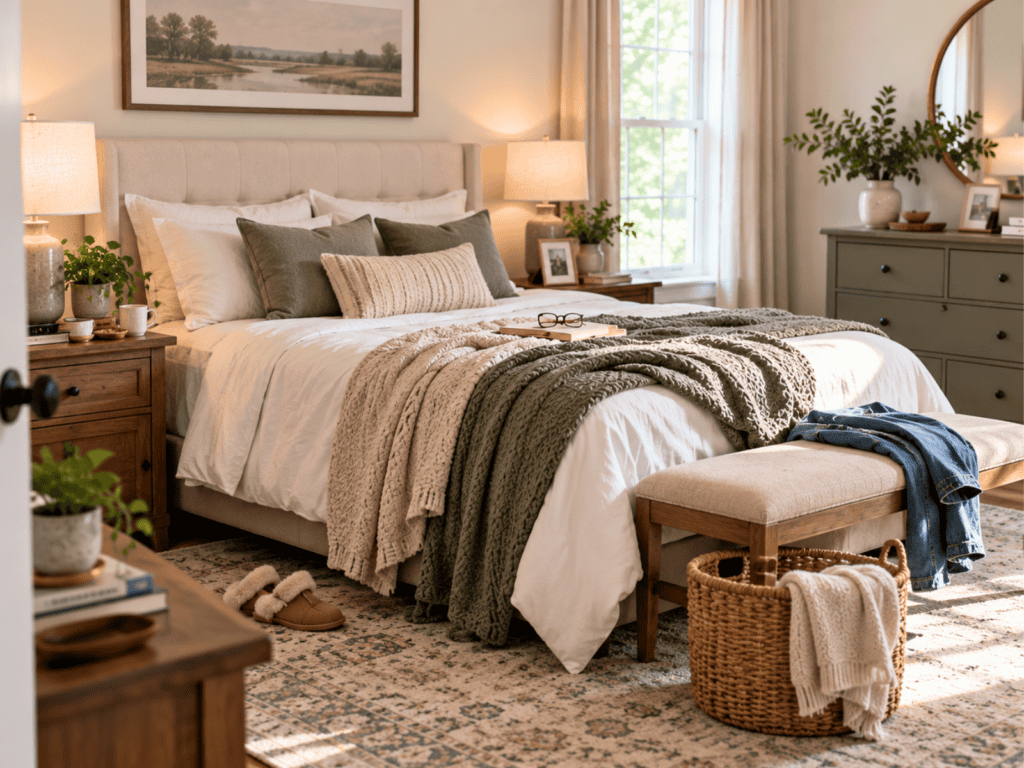 Bedroom with multiple pillows and layered blankets on the bed, clothes on the bench, slippers on the floor, and crowded surfaces.