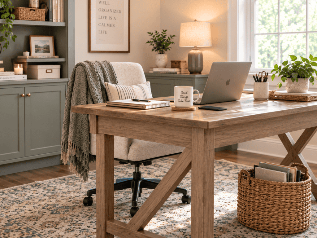 Home office with books, baskets, plants, decorative items, notebooks, and supplies filling the desk and shelves.