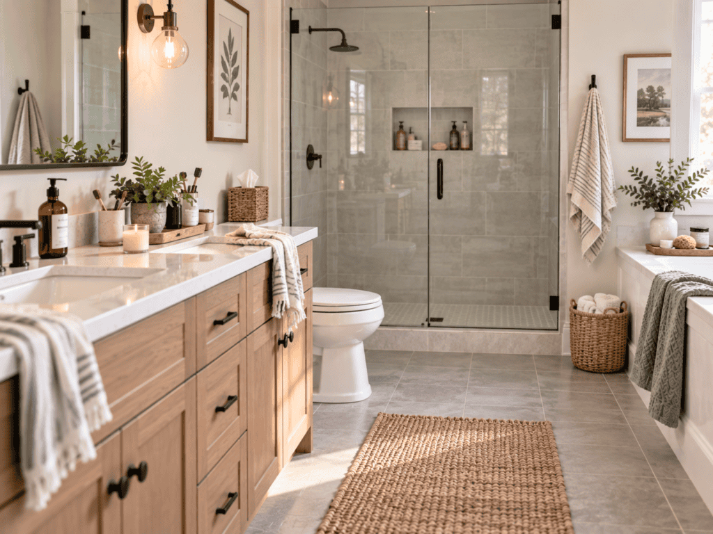 Bathroom with toiletries, toothbrushes, plants, candles, towels, and decorative items creating clutter on the counters.