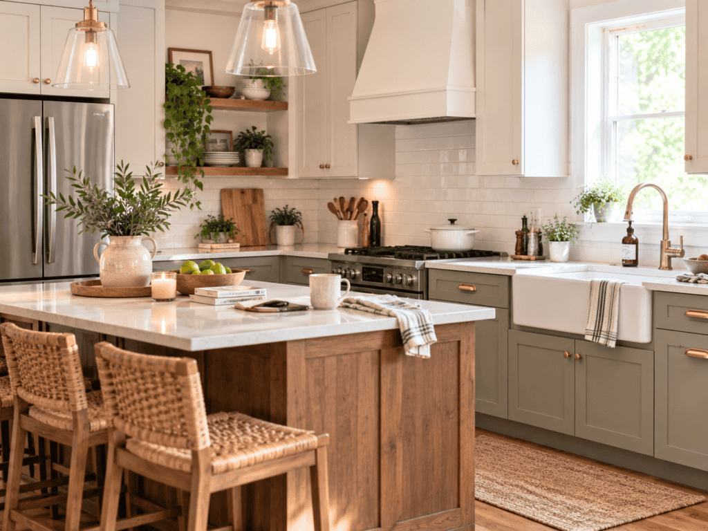 Kitchen with plants, dishes, books, towels, utensils, and decorative items covering the counters and island.