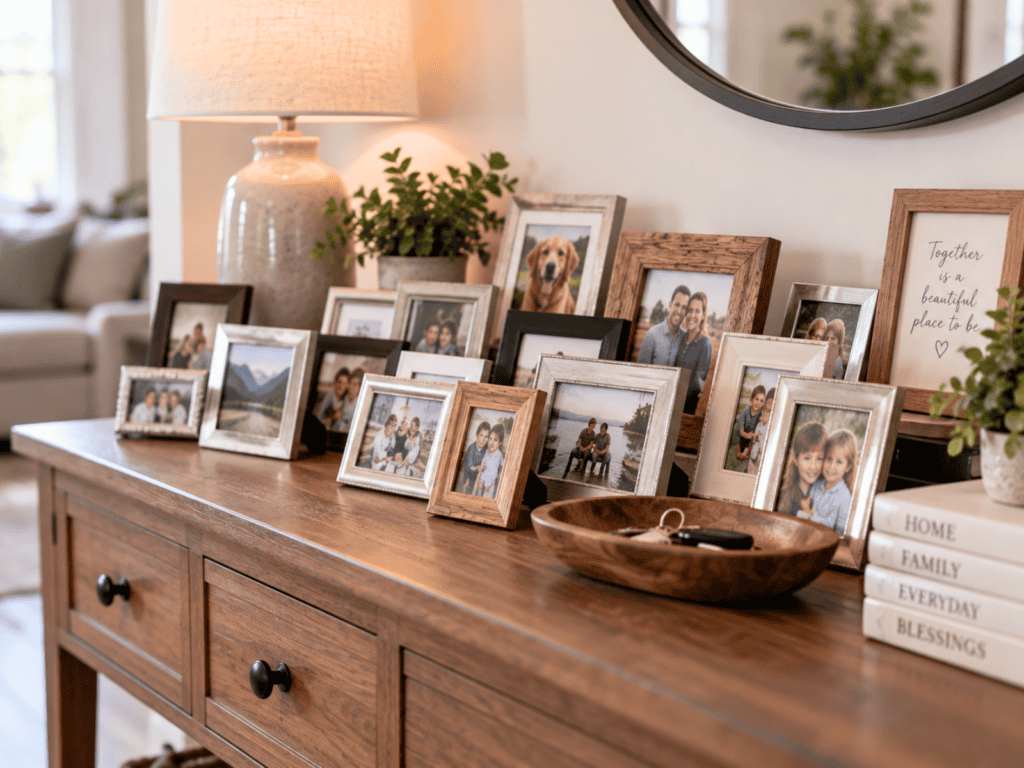 Wooden console table crowded with small framed family photos, books, plants, a lamp, and decorative accessories.