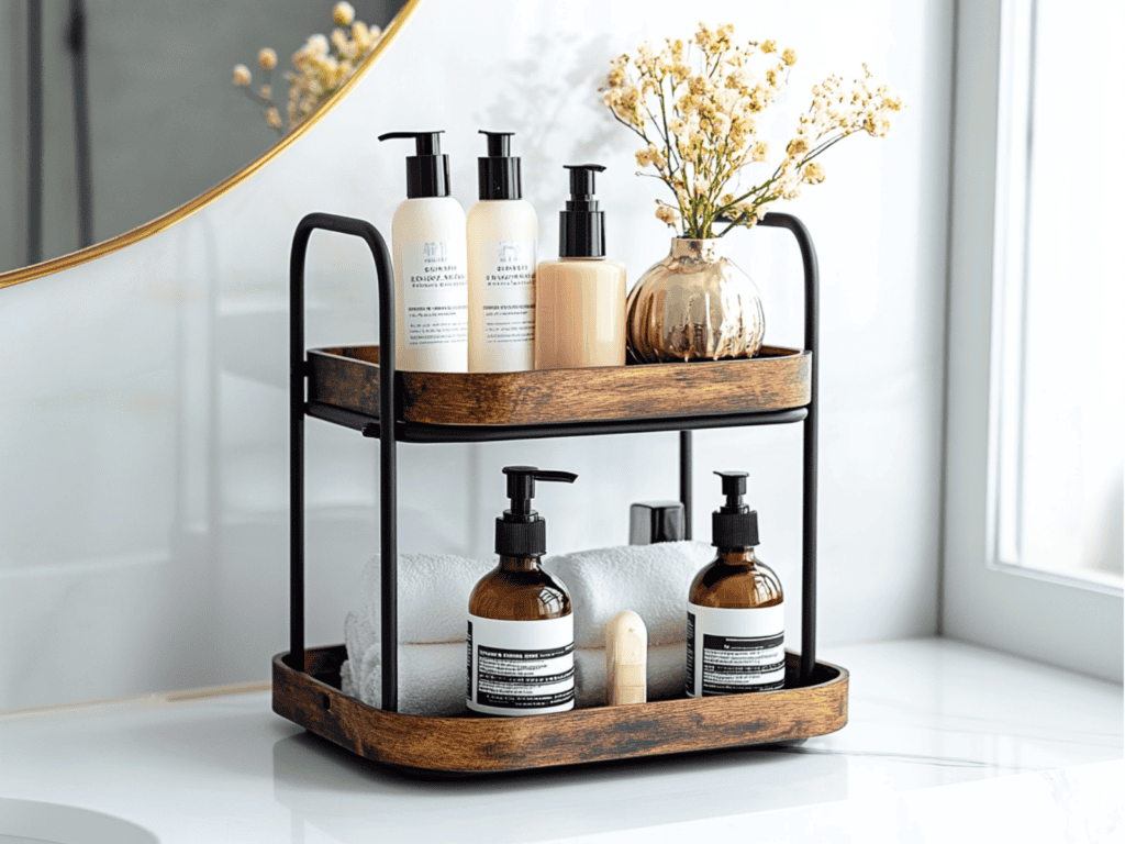 A two tiered tray sitting on a sink vanity in a bathroom