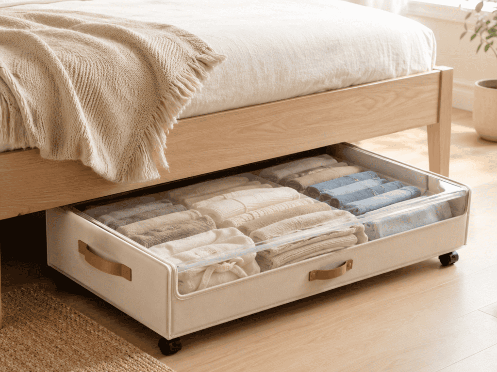 Under-bed storage container with neatly folded clothes organized beneath a wooden bed in a bright, tidy bedroom.