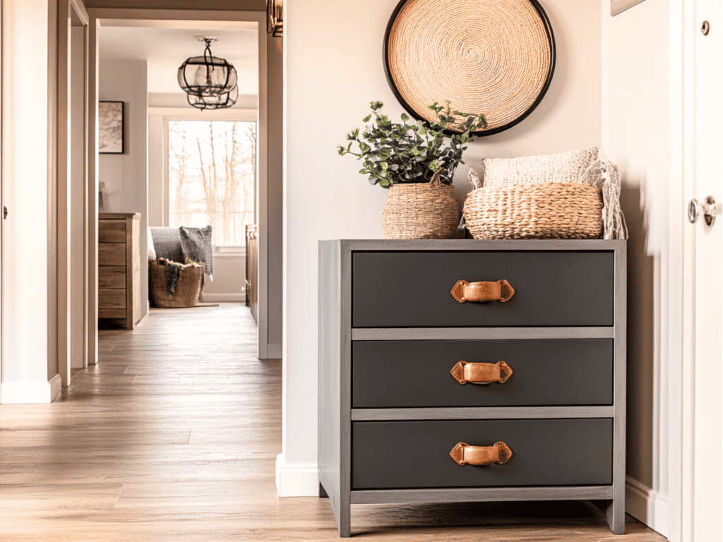 A stand with three drawers that has a basket and a plant on top of it