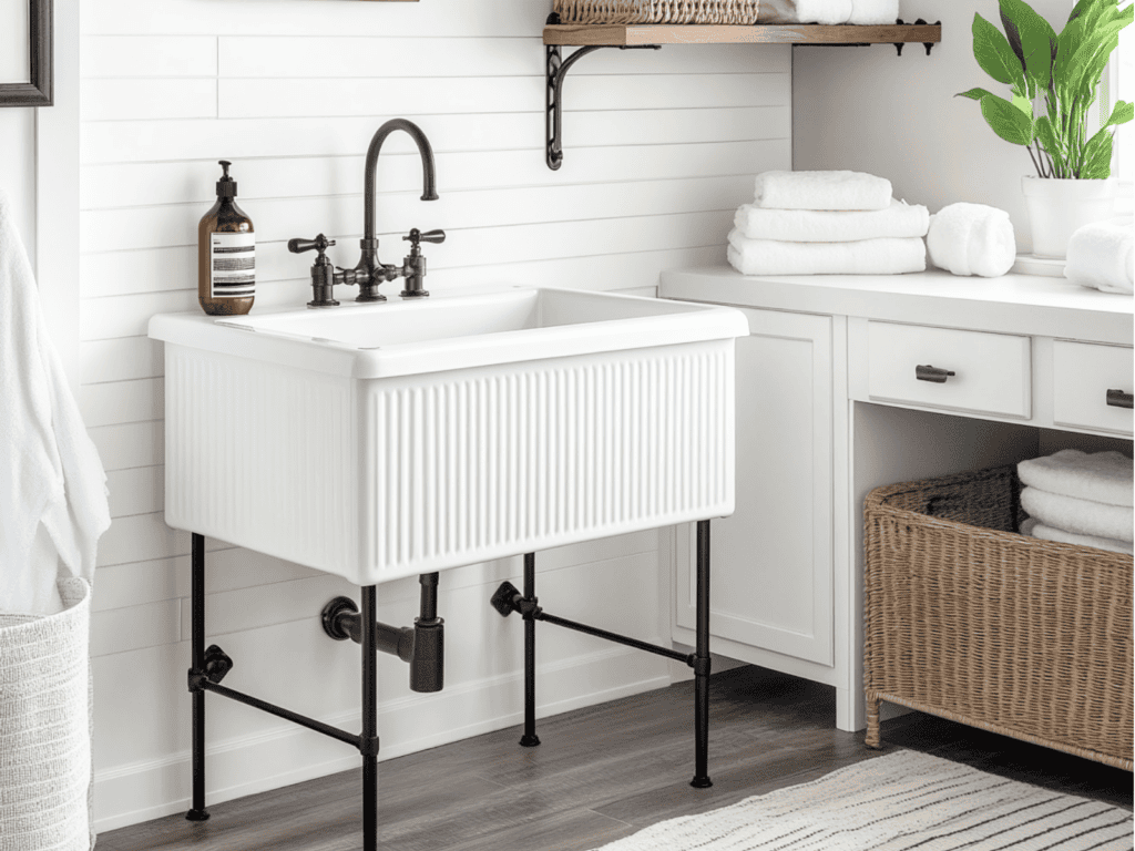 White utility sink in small laundry room