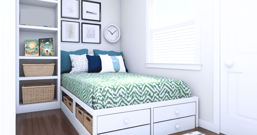 A very small bedroom. The bed has storage drawers and baskets underneath. Shelves are beside the bed.