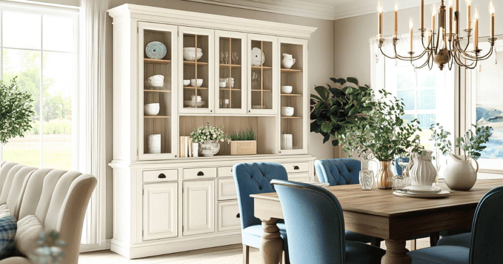 White hutch full of dishes near a dining room table and chairs