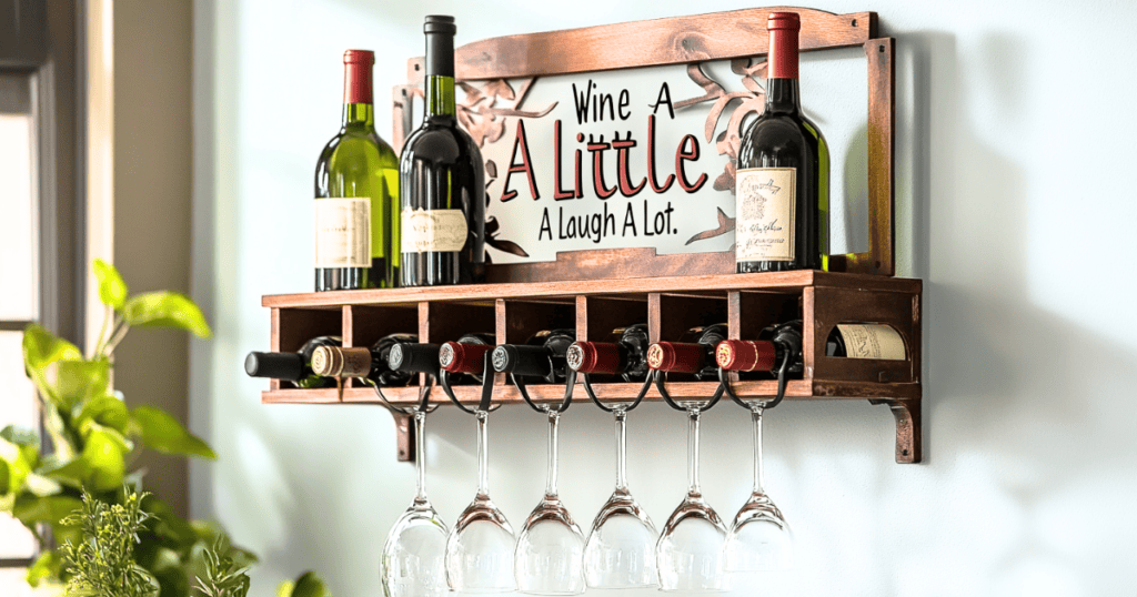 Wine rack with glasses hanging on the bottom