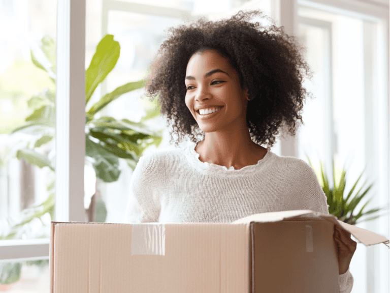 Woman carrying a cardboard box of clothes