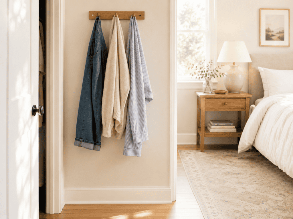 Lightly worn clothes hanging neatly on a bedroom wall hook.