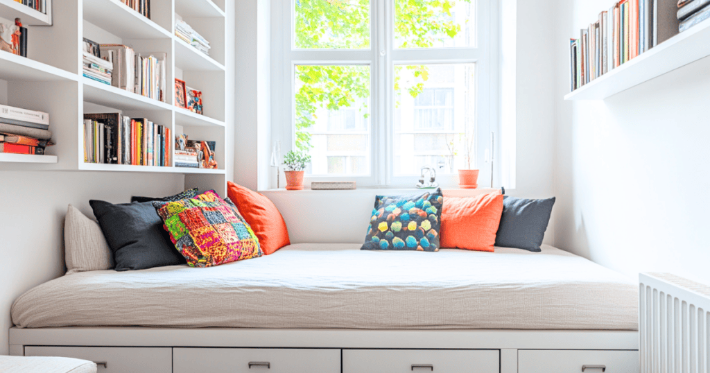 White daybed with bookshelves beside it filled with books