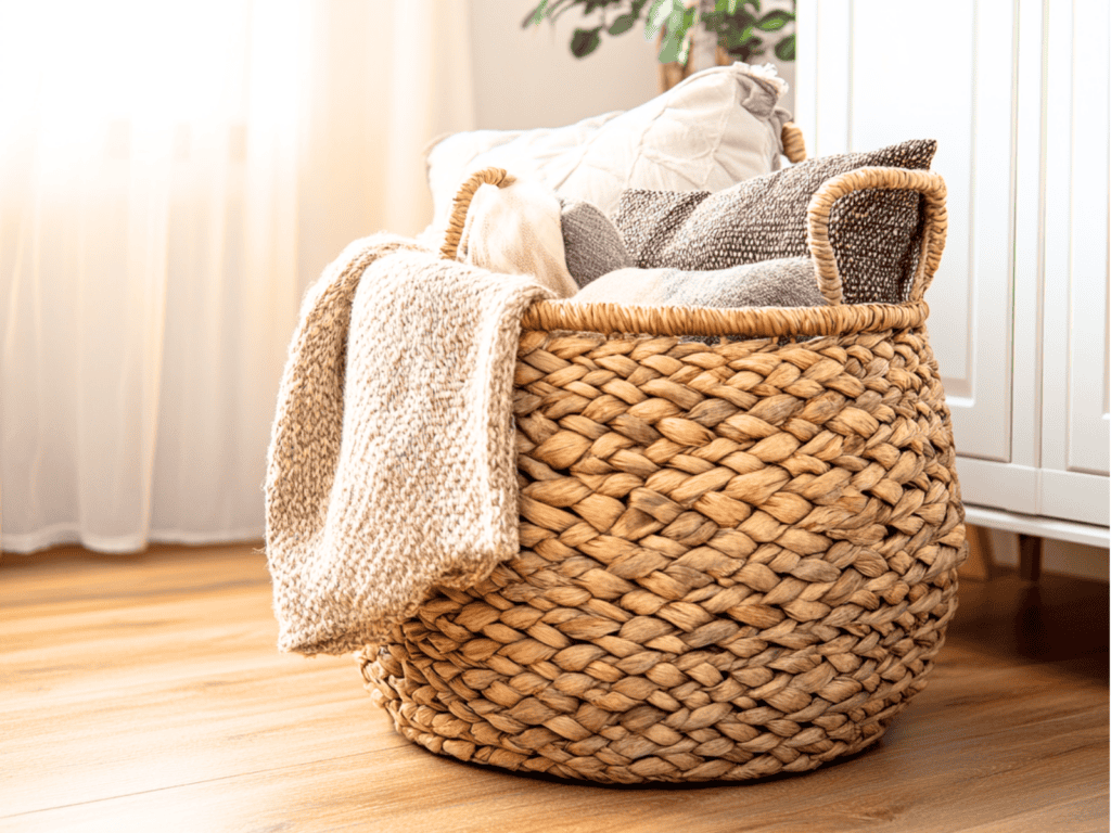 A woven basket full of pillows and blankets in a bedroom