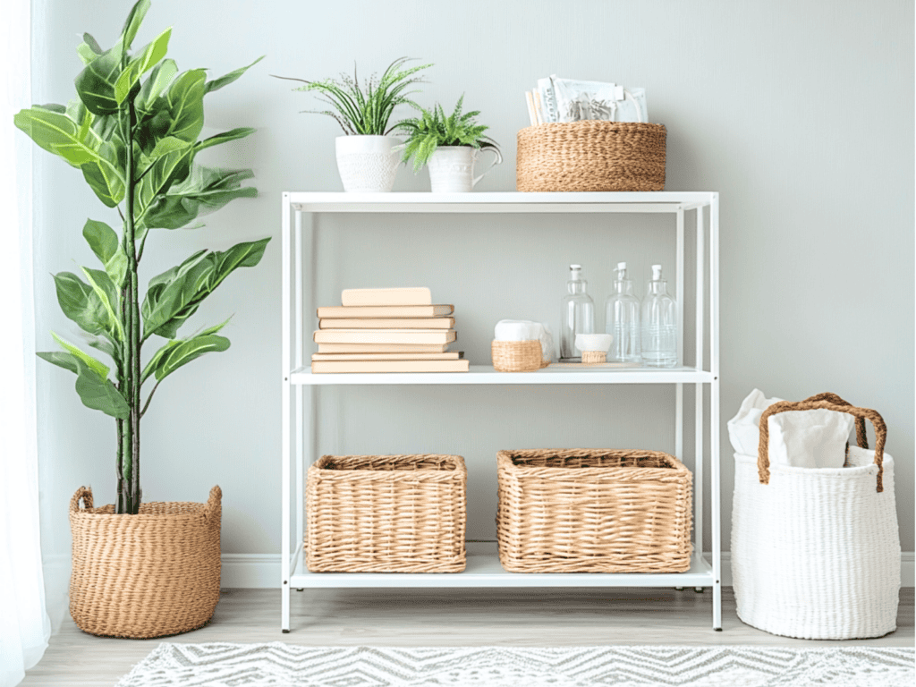 A small stand with baskets and plants on it