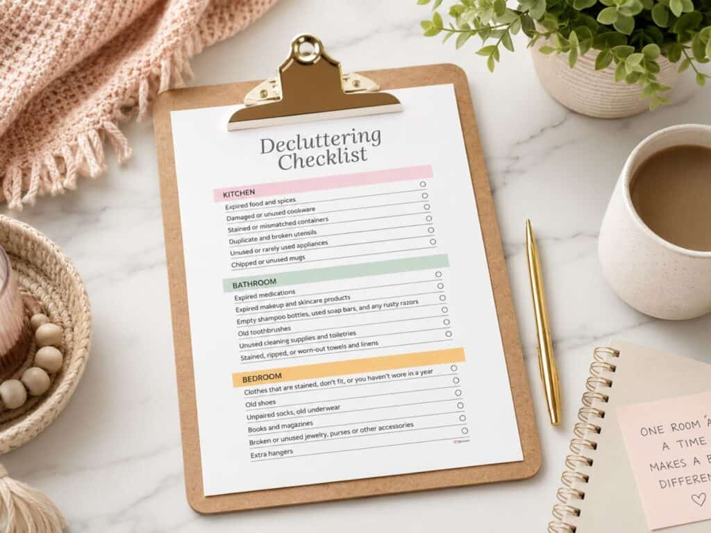 Decluttering checklist on a clipboard on a table. There is a pen, a plant, and a cup of coffee on the table.