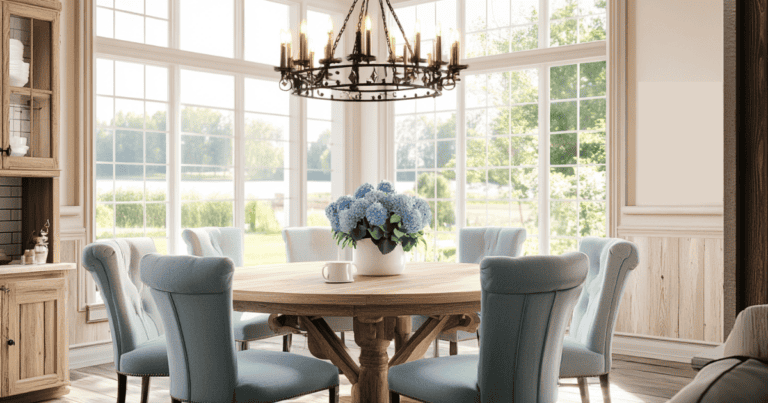 Farmhouse style dining room table with blue chairs